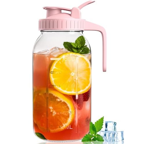 VA1KENE 64oz Glass Mason Jar Pitcher with Lid and Spout, 2 Quart Airtight Glass Water Jug, Leakproof Wide Mouth Mason Jar Pitcher for Iced Sun Tea, Milk Storage, Cold Brew Coffee, Juice, Pink
