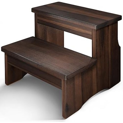 FANATU Wooden Two Step Stool, Heavy Duty 2-Step Ladder for Adults & Kids, Supports up to 450lbs for Kitchen, Bathroom or Bedside Use (Walnut Finish)