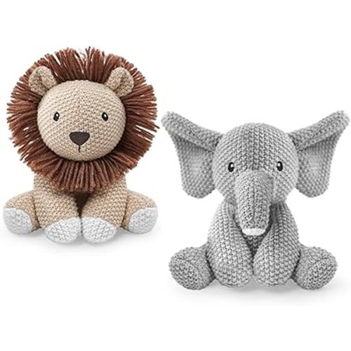 Paquete de 2 peluches de ganchillo (león sentado y elefante), felpa de hilo de algodón suave de 8 a 10 pulgadas, juguetes de ganchillo a mano, regalos aptos para niños y adultos