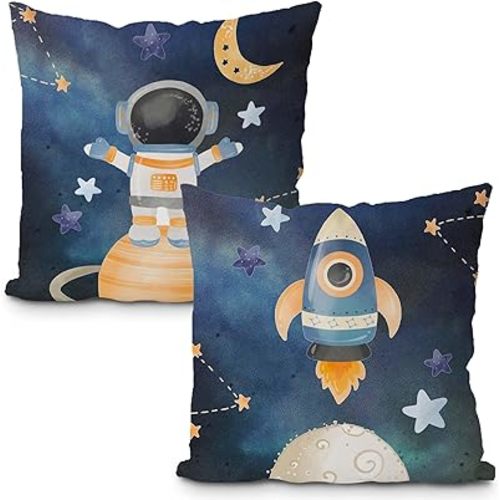 Likjad Space Decor for Boys Room,Rocket Pillow Covers 18x18 Set- 2 Galaxy Themed Bedroom Decor,Space Gifts,Universe Galaxy Space Planet Space Pillowcase for Sofa Bed,Galaxy Themed Decorations(Blue)