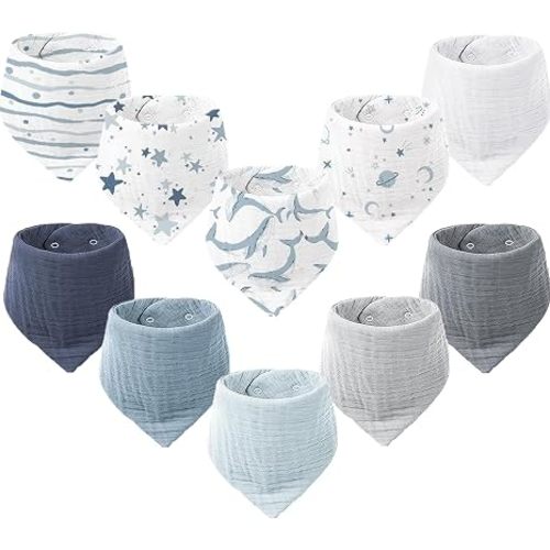 Konssy 10 Pack Baby Muslin Bandana Bibs for Drooling and Teething | 100% Cotton Bibs for Boy Girl, Soft Absorbent 6-Layer Thick Cloth, Pre-Washed Less Shrinkage, Newborn Infant Toddler