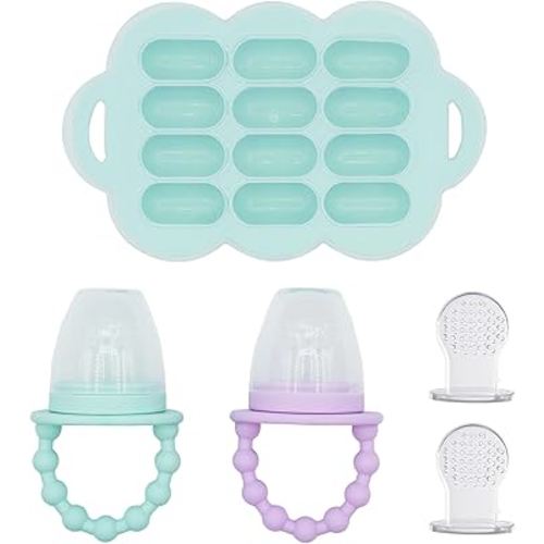 WeeSprout Silicone Baby Food Feeders + Freezer Tray for Batch Prep, Set of 2, Introduce New Foods Safely, Double as Teething Toys, Includes 2 Extra Pouches & Travel Lids, Dishwasher Safe