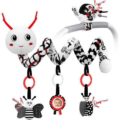 High Contrast Baby Toys for Newborn, Black and White Baby Sensory Toys 0-12 Months with Car Seat Toys & Soft Plush Toy, Activity Hanging Toys Velcro for Stroller Toys Baby Gifts