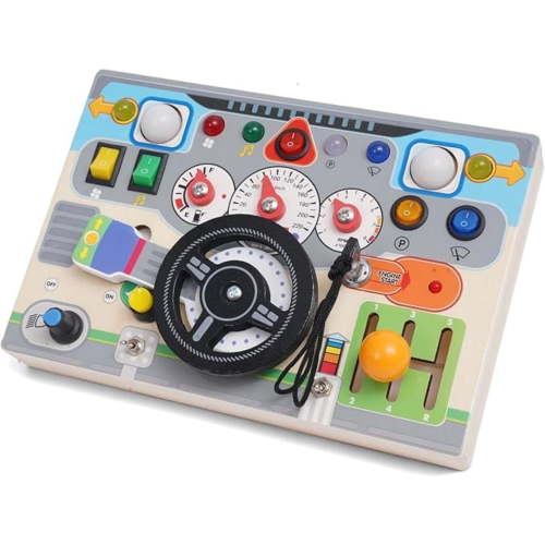 Gijjgole Montessori Busy Board - Multisensory Toy with Steering Wheel, Buttons, Zippers & Pop Silicone for Toddlers, Develops Fine Motor Skills, Travel Toy for Ages 18 Months and Up