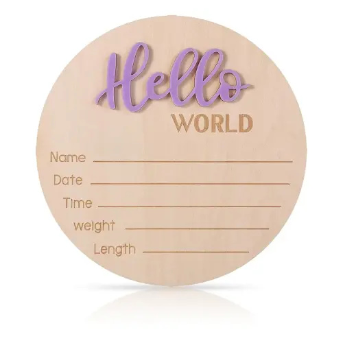 Newborn Announcement Sign, 5.9in Wooden Hello World Sign Baby Welcome Sign Birth Baby Name Plaques for Newborn Boys and Girls Photo Props Baby Shower Hospital Nursery (Light Purple)