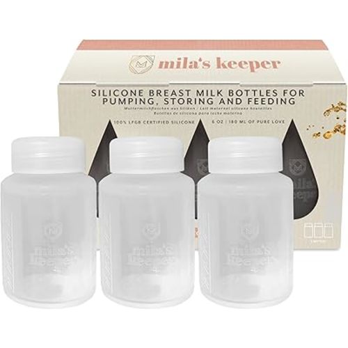 Mila's Keeper Silicone Breast Milk Storage Bottles, for Pumping, Storing and Feeding, Fits Leading Pumps and Nipples, 6 oz Silicone Milk Storage Containers, Standard Aspen White, Set of 3