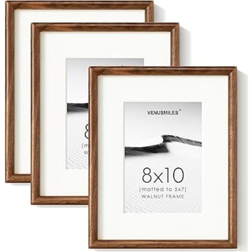 8x10 Picture Frame with 5x7 Mat, USA-Sourced Natural Walnut Wood Photo Collage Frame with HD Tempered Glass, Double Mortise and Tenon Strips, Wall Display Horizontally and Vertically, 3 Pack