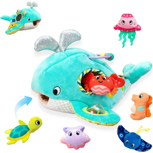 brenzo - Wobble The Whale & Ocean Friends Plush Set | 7-Piece Montessori Sensory Toys for Babies 0-3 | Tummy Time Companions with Rattle, Mirror, Crinkle & Squeaker | Ideal Newborn Toddler Gift