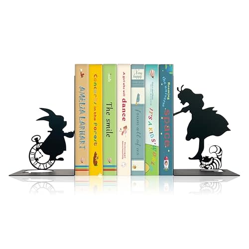 Alice Decorative Bookends for Bookshelf – Metal Wonderland Bookends for Home, Cute Alice and Rabbit Design, Unique Decorative Bookends for Shelves, Gifts for Wonderland Fans, Home and Office Decor