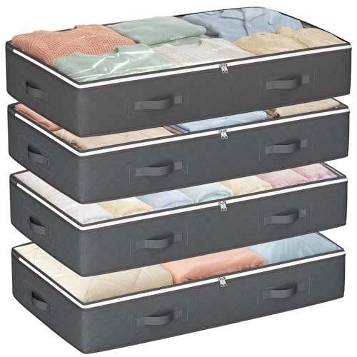 Budding Joy 90L Under Bed Storage Containers, Closet Organizers and Storage Bins, Foldable Underbed Storage Bags for Linen Sheets, Blanket, Clothing, Comforter, Sweaters, Pillows, Wrapping Paper, Grey