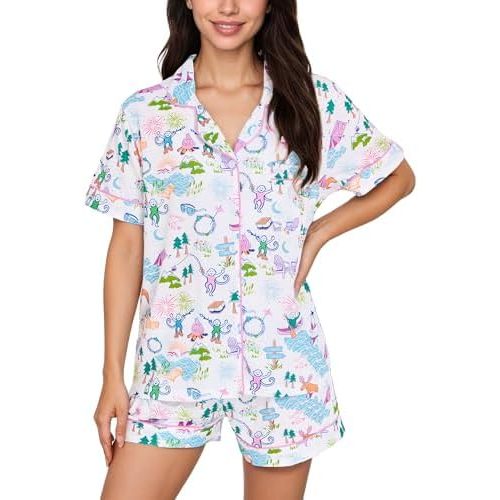 Women's Pajamas Set Button Down Ladies Summer Pajamas Monkey Printed Sleepwear Short Sleeve 2 Pc Pjs for Birthday Gift