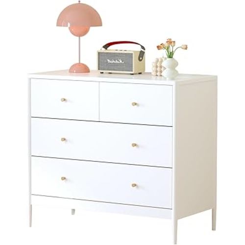 Baby Dresser with 4 Drawers, Nursery Dresser Storage Cabinet with Anti-Tip Design, Modern White Wooden Chest of Drawers for Kids Bedroom & Nursery