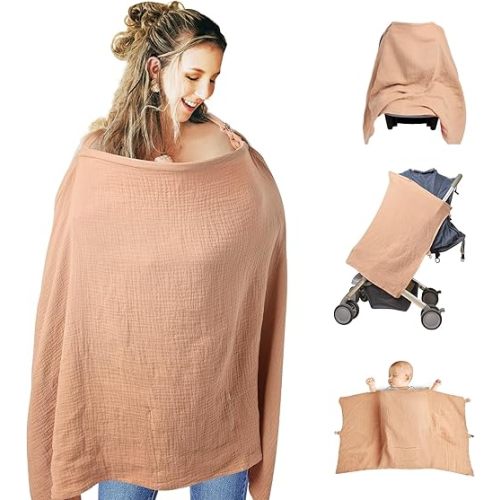 RTMOK Nursing Cover, Muslin Breastfeeding Cover with Rigid Neck, Breathable Privacy Nursing Cover, 100% Cotton Cover Up for Mom Full Body, Lightweight, Multi-Use (Tan)