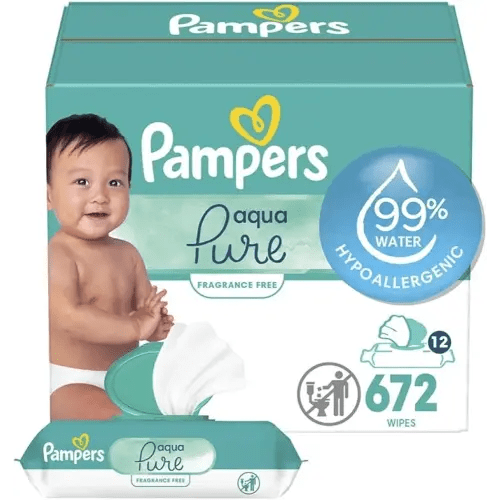 Pampers Baby Wipes Aqua Pure, 99% water-based wipes, Hypoallergenic and Unscented Baby Wipes, 672 Wipes Total (12 Flip-Top Packs)