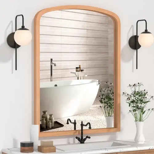 Wood Arch Mirror for Bathroom Vanity, 30" x 40" Arched Mirrors for Wall Decor Farmhouse Wood Frame Mirror for Entryway, Living Room (Natural Color)