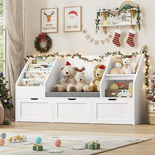 FOTOSOK 55.1’’ Kids Bookshelf with Reading Nook, Toy Storage Organizer with Seat Cushion and 3 Movable Drawers, Kids Reading Nook Toy Organizers and Storage with Bench for Playroom, Bedroom, White