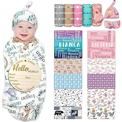 Personalized Swaddle Blanket Set - Custom Newborn With Hat and Bow Headband, Customized Name Receiving Blankets for Baby Girl Boy, Newborn Gifts - Animal