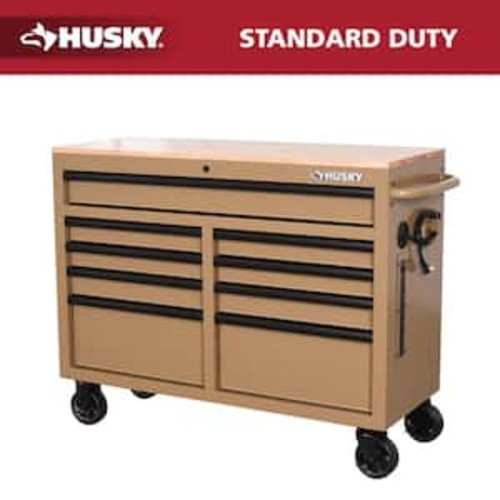 Standard Duty 46 in. W x 18 in. D 9-Drawer Gloss Tan Mobile Workbench Cabinet with Solid Wood Top
