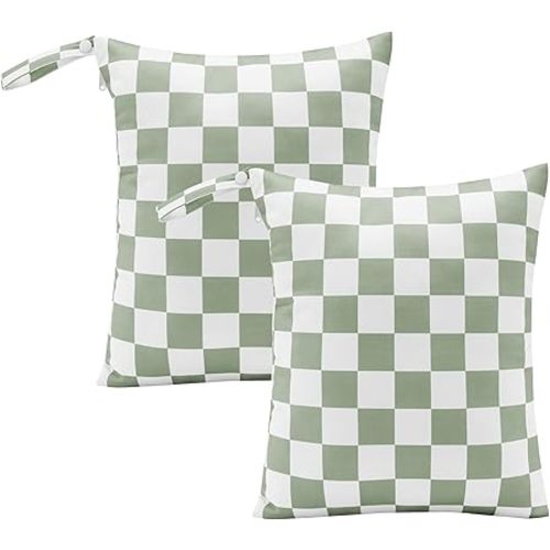 Sage Green Checkered Waterproof Wet Dy Diaper Bag for Baby Essentials, Travel, Swimsuit, Beach Bag Accessories, Aesthetic Trendy Cute Toddler Baby Cloth Bag Pouch, Pack of 2