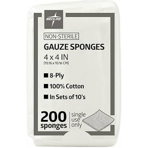 Medline 4 x 4 Inch Gauze Sponges, Non-Sterile 8-Ply Woven Gauze, 100% Cotton, Ideal for Wound Dressing, Wound Care, General First Aid Use, Pack of 200