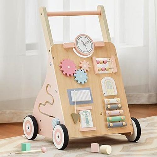 Wooden Baby Walker, Baby Push Walker with Wheels Multiple Learning Activity Center Baby Walker Adjustable Height and Speed for Girls Ages 9+ Months, Pink