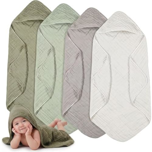 Peryiter 4 Pcs Muslin Hooded Baby Towels, 32"x 32" Cotton Newborn Bath Towel Muslin Infant Baby Blankets Absorbent Unisex Newborn Registry Gift Essentials for Girls Boys (Green,Gray,Beige)