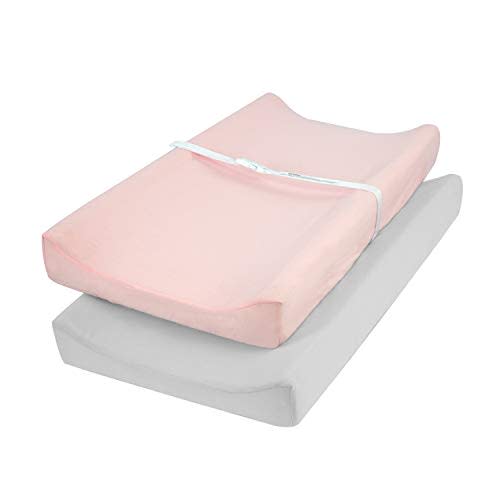 TILLYOU Jersey Knit Ultra Soft Changing Pad Cover Set-Unisex Diaper Change Table Sheets for Baby Girls and Boys-Fit 32"/34'' x 16" Pad-Comfortable Cozy Cradle Sheets-2 Pack Peachy Pink & Lt Gray