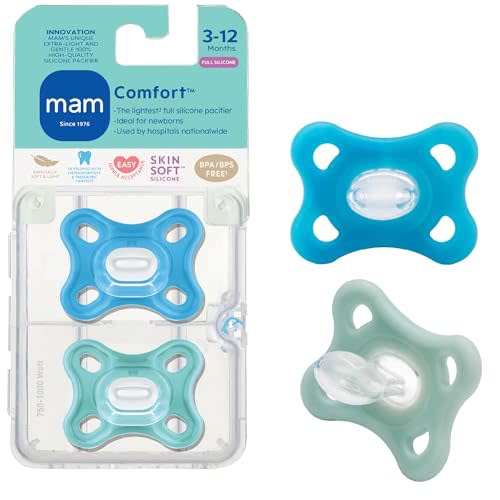 MAM Comfort Baby Pacifiers, Lightweight One-Piece Full Silicone Binky for Newborns 3-12 Months, BPA-Free, Easy to Clean Pacifier, Best for Breastfed Babies, with Sterilizer Case, 2 Count Binkies