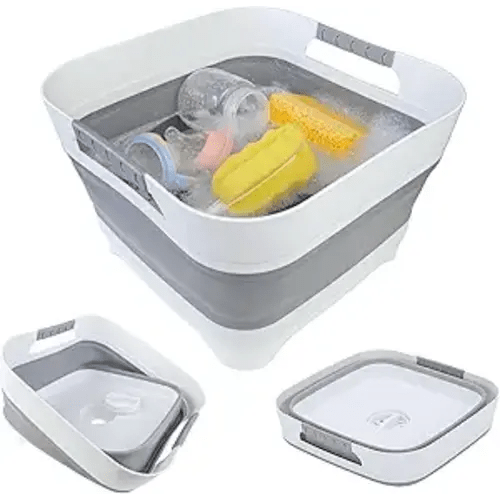 2.6 Gal(10L) Collapsible Wash Basin for Baby Bottles, Gray Space-Saving Collapsible Dish Basin with Drain Plug for bottle washing, Collapsible Bucket for RV Kitchen Essentials