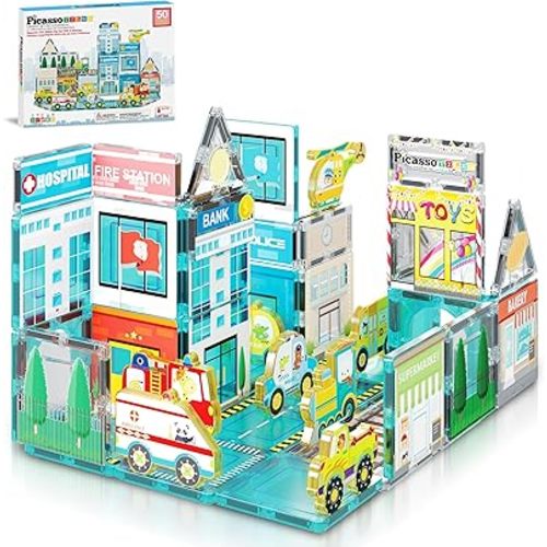 PicassoTiles Metro City Hospital Magnetic Tile Building Set with 8 Vehicles and Figures Educational Magnet Blocks Construction for Kids Age 3 Plus STEM Role Play Town Imagination Learning Toy PTQ14