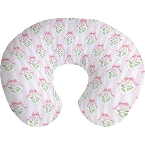 Pastel Flowers Bows Striped Nursing Pillow Covers Pink Blue Hydrangea Floral Ribbon Bows Removable Breastfeeding Slipcover Spring Summer Flower Nursing Pillow Case for Newborn Boys Girls