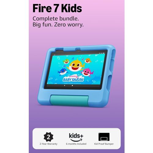 Amazon Fire 7 Kids tablet, ages 3-7. Top-selling 7" kids tablet on Amazon. Includes ad-free and exclusive content, easy parental controls, 10-hr battery, 16 GB, Blue