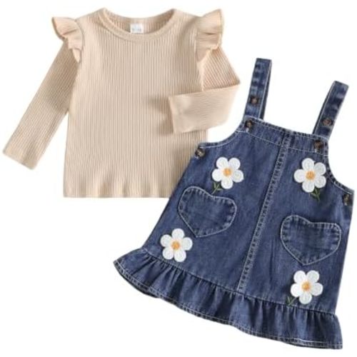 Newborn Girl Clothes Long Sleeves Ribbed Top 3D Floral Jean Overall Dresses