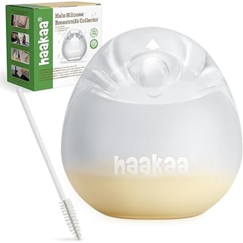 haakaa Halo Silicone Breast Milk Collector - Wearable Manual Breast Pump for Breastfeeding, Hands Free Reusable Breast Milk Shells with Cleaning Brush - 3oz/90ml, 1 Count