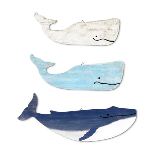 Putuo Decor Blue And White Whale Beach Wall Decor Wooden Nautical Decor Rustic Whale Wall Pediments Set 3 Piece Ocean Hanging Decor For Living Room Bedroom Bathroom