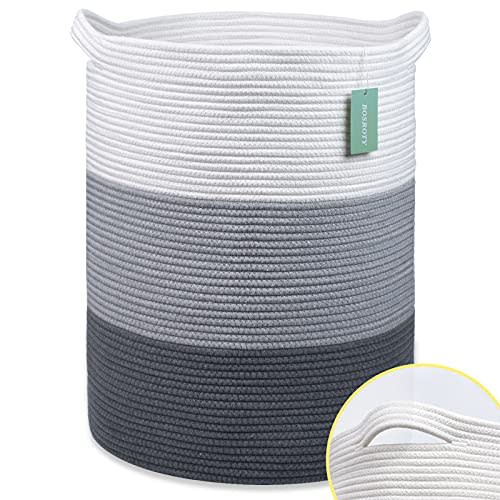 Cotton Rope Blanket Basket, 72L Tall Laundry Hamper, White & Gray | 16"x 22", Large Collapsible Woven Nursery Hamper with Sturdy Handles for Clothes Toys Towels, Bedroom Living Room Bathroom
