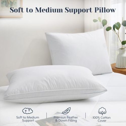 Peace Nest Goose Feather Pillows with 100% Cotton Cover Set of 2, White Oval Gusset, Standard