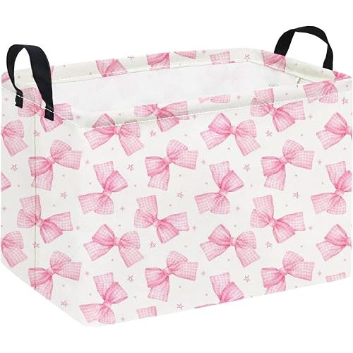 Rectangular Storage Basket Waterproof Storage Bin for Bedroom Collapsible Bin Books Box Basket Room Decor(Pink Bowknot)