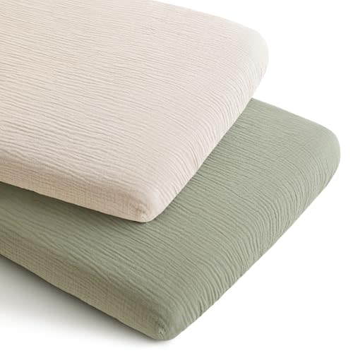Konssy 2 Pack Muslin Bassinet Sheets for Baby Boy, 100% Cotton Soft Bedside Sleeper Bassinet Sheets, Compatible with Baby Delight, Dream On Me, AMKE and Other Rectangle Mattress (Fog Green,Cream)