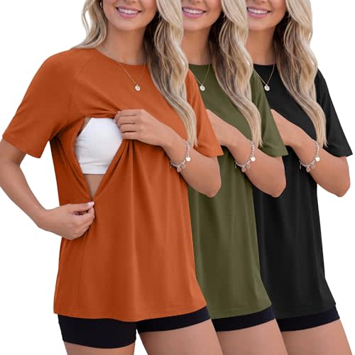 3 Pack Women's Oversized Nursing Tops | Breastfeeding Tops, Short Sleeve, Maternity, Pregnancy, with Hidden Zippers, Loose, Fit, Lightweight, Crew Neck, Multipack