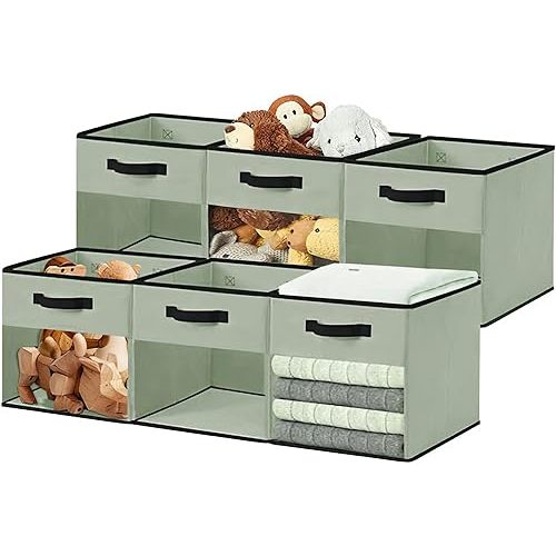 DECOMOMO Storage Bins, Cube Storage Bin with Window, Fabric Storage Cubes for Shelves (11" / 6pcs, Green)