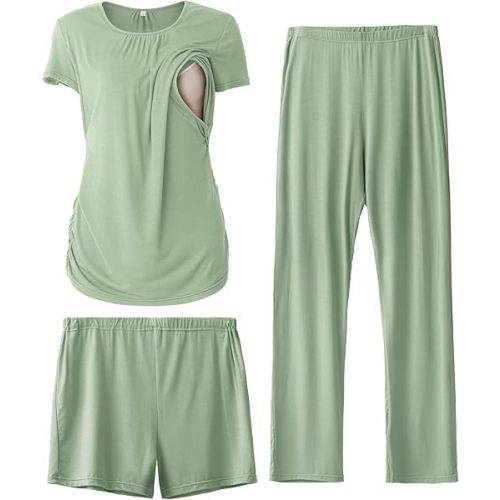 SUNNYBUY Womens Maternity Nursing Pajamas Set, Short Sleeve Breastfeeding Shirts，Pregnancy Shorts & Pants 3 Piece Nursing PJS