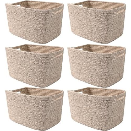 6 Pack Woven Rope Baskets,12.6"×9"×7.8" Storage Bins for Toys/Books/Towels/Clothes Organizer & Shelf Boxes,Gifts Baskets Empty for Nursery/Living Room/Nursery/Bedroom/Home Decor,Brown