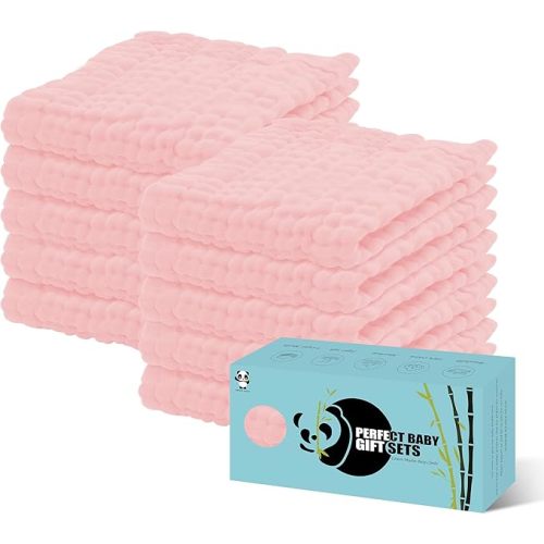 HIPHOP PANDA 10 Pack 6-Layers Muslin Burp Cloths Large - Durable 100% Cotton - Baby Essentials Extra Absorbent and Soft Boys & Girls Rags for Newborn Registry (Pink, 20" X10")