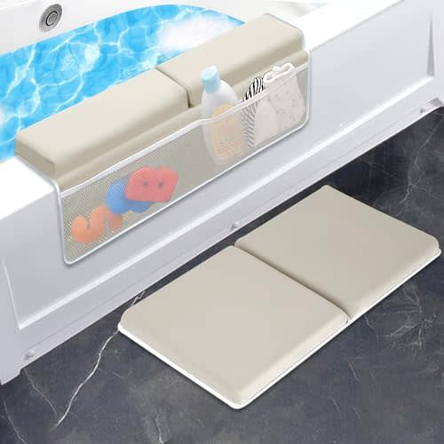 JJGoo Bath Kneeler with Elbow Rest Pad Set, 1.5 inch Kneeling Pad Mat for Bathtub Baby Bathing Parents, Painless Foam Mat with Toy Organizer Pockets, Non-Slip for Baby and Toddler Bathing