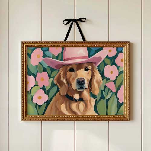 Cowgirl Golden Retriever Wall Art, Pink Hat Dog Print, Floral Dog Mom Gift, Preppy Western Nursery Decor, Girly Golden Art Print