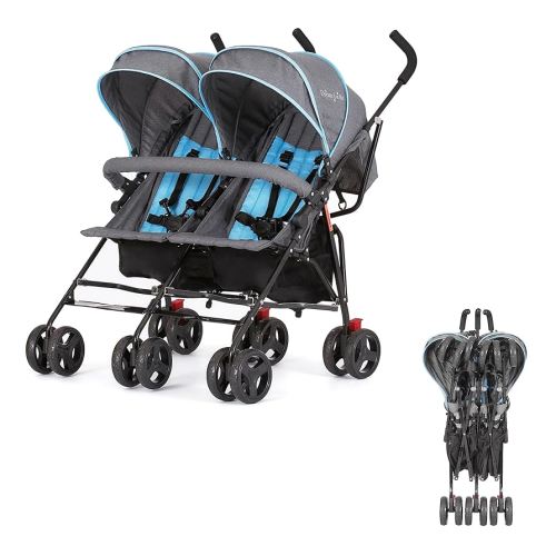 Dream On Me Volgo Twin Umbrella Stroller in Blue, Lightweight Double Stroller for Infant & Toddler, Compact Easy Fold, Large Storage Basket, Large and Adjustable Canopy