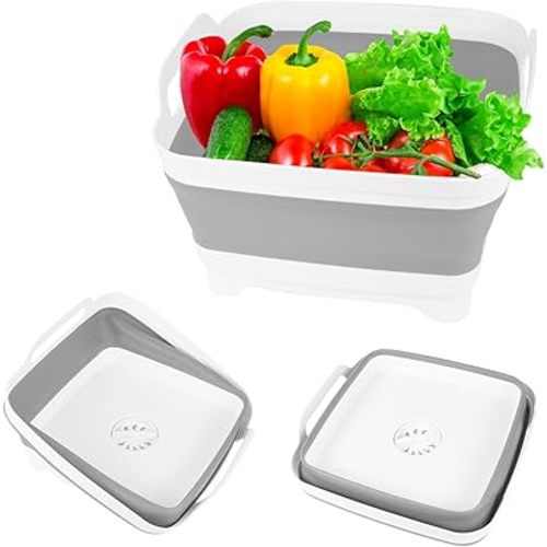 Hovom Collapsible Dish Basin with Drain Plug, 8.5L 2.2 Gallon Foldable Wash Basin, RV Portable Camping Sink, Outdoor Multiuse Space Saving Wash Bin for Baby Bottle, Kitchen Storage Tray (Gray)