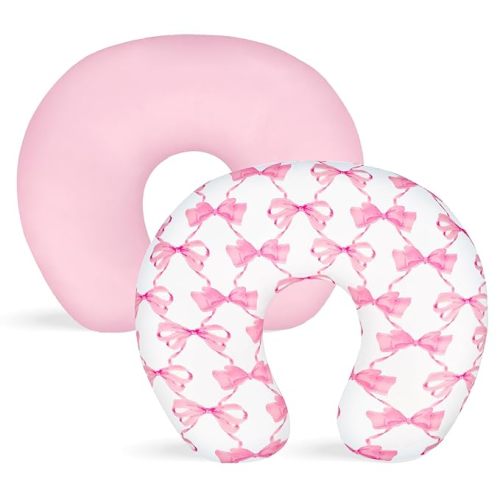 Nursing Pillow Cover 2 Pack, Stretchy Breastfeeding Pillow Covers, Removable Feeding Pillowcase for Newborn, Ultra Soft Nursing Pillow Slipcover for Baby Girls Boys, Pink Bow