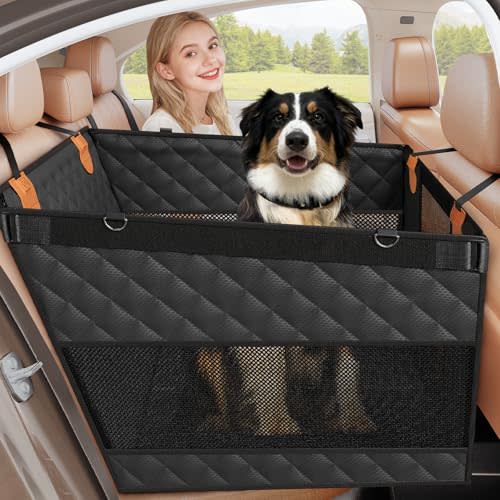 Dog Car Seat for Large Medium Dogs, Hard Bottom Back Seat Extender | Waterproof Pet Carseat with 3 Mesh Windows, 40% Extra Space, Non-slip ScratchProof Back Seat Covers for Cars, Trucks and SUVs